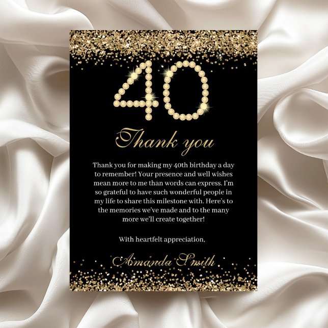 Tarjeta de agradecimiento por cumpleaños 40 elegan (Gold Diamonds 40th Birthday Party Thank you card)