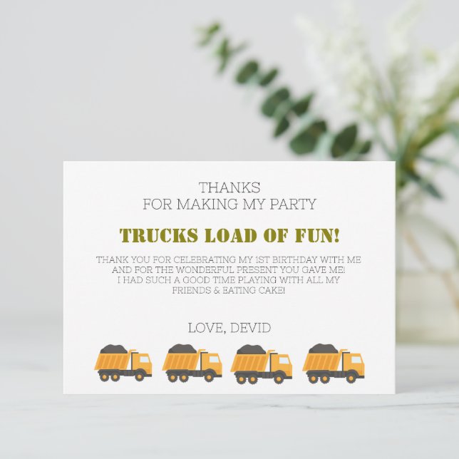 Tarjeta de agradecimiento por cumpleaños de camión (Anverso de pie)