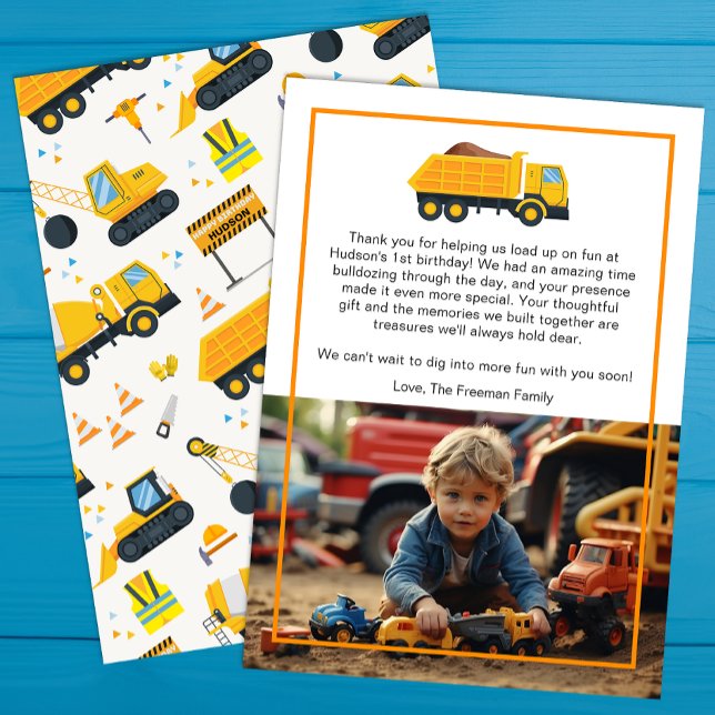 Tarjeta de agradecimiento por cumpleaños de constr (Construction Party Photo Thank You Card)