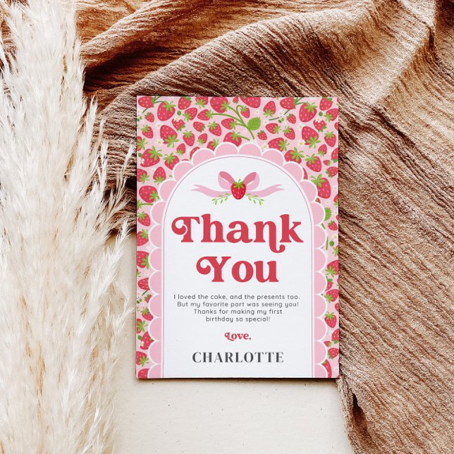 Tarjeta de agradecimiento por cumpleaños de fresa  (Strawberry Birthday Thank You Card - 5x7)