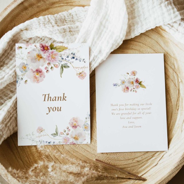 Tarjeta de agradecimiento por cumpleaños de la pri (Boho wildflower Baby Shower thank you card)