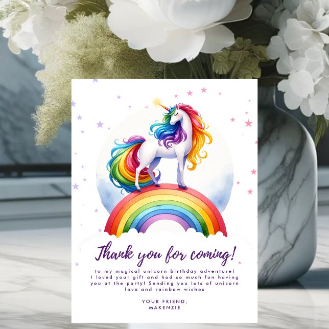 Tarjeta de agradecimiento por cumpleaños de Rainbo (Magical Rainbow Unicorn Birthday Thank You Card)