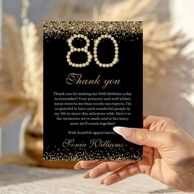 Tarjeta de agradecimiento por cumpleaños número 80 (Elegant  black and Gold 80th Birthday Thank you card)