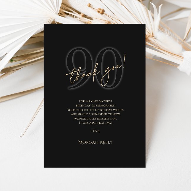 Tarjeta de agradecimiento por el 90 cumpleaños de  (Modern Black Gold 90th Birthday Thank You Card)