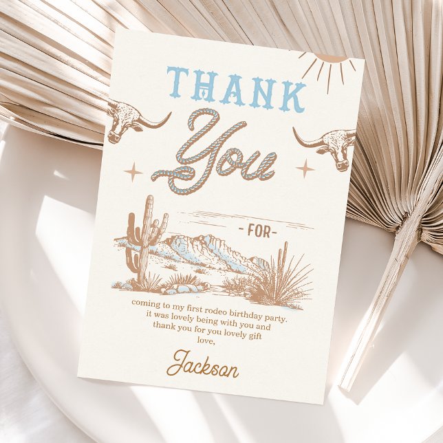 Tarjeta de agradecimiento por el cumpleaños del Ro (Blue Vintage Wild West Western Rodeo Birthday Thank You Card Boy, Western Desert Thank You Card)