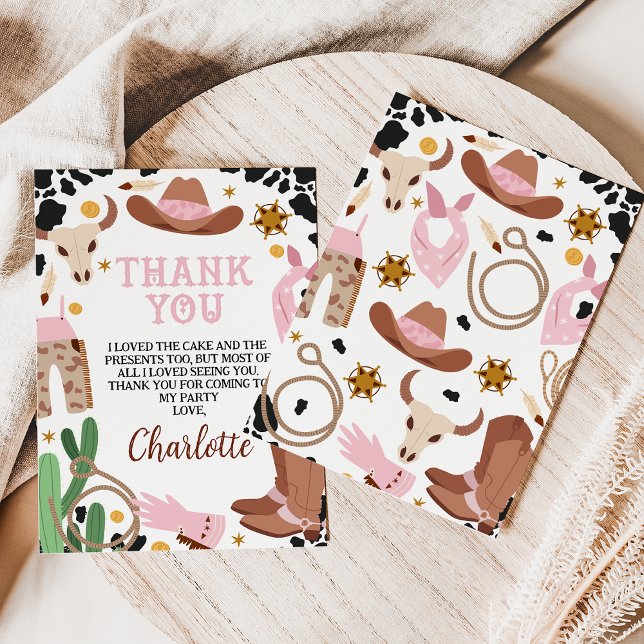Tarjeta de agradecimiento por el cumpleaños del Ro (Rustic Rodeo Birthday Thank You Card, Girl Wild West Western Thank You Card, Cowgirl Pink Brown)