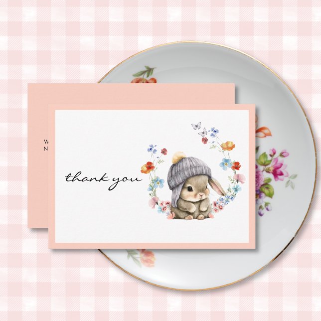 Tarjeta de agradecimiento por el primer cumpleaños (Watercolor Wildflower Bunny 1st Birthday Thank You Card 1)