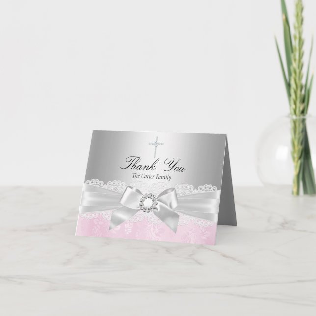 Tarjeta de agradecimiento por encaje rosa y bautis (Anverso)