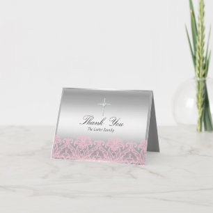 Tarjeta de agradecimiento por encaje rosa y bautis