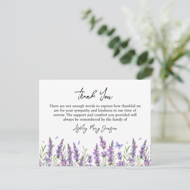 Tarjeta de agradecimiento por funeral de lavanda p (Anverso de pie)