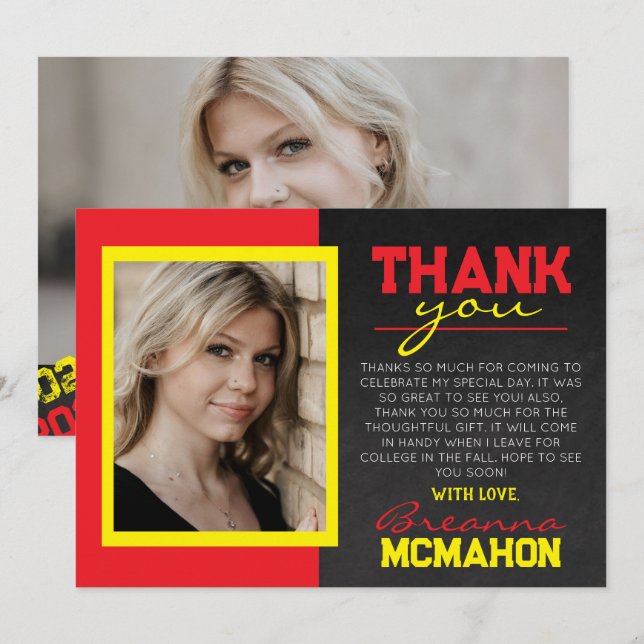 Tarjeta de agradecimiento por graduación roja y am (Anverso / Reverso)