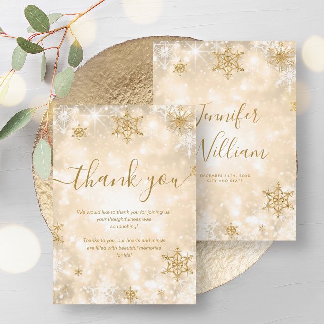 Tarjeta de agradecimiento por la celebración de la (Festive Sparkle Gold Winter Wedding Thank You Card)