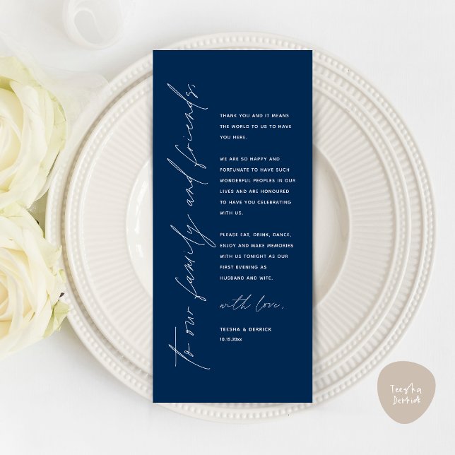 Tarjeta de agradecimiento por la configuración del (Minimalist Wedding Place Setting Thank You Dinner Card, in Classy Navy Blue)