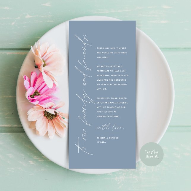 Tarjeta de agradecimiento por la configuración del (Minimalist Wedding Place Setting Thank You Dinner Card, in Dusty Blue)