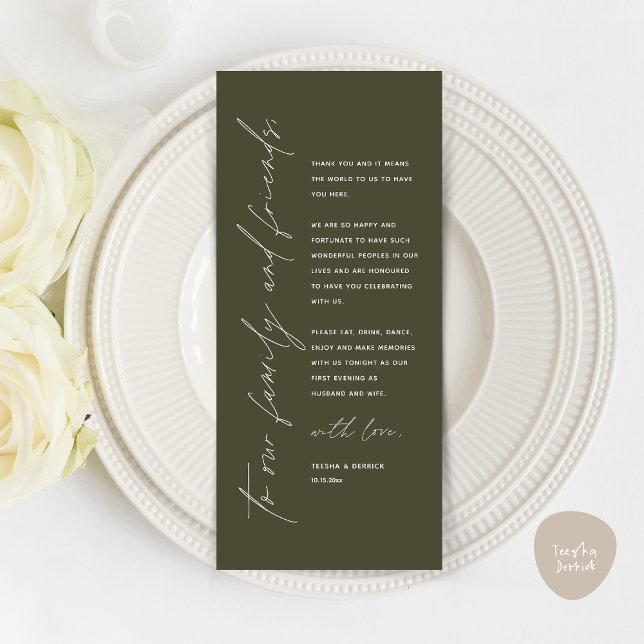 Tarjeta de agradecimiento por la configuración del (Minimalist Wedding Place Setting Thank You Dinner Card, in Olive Green)