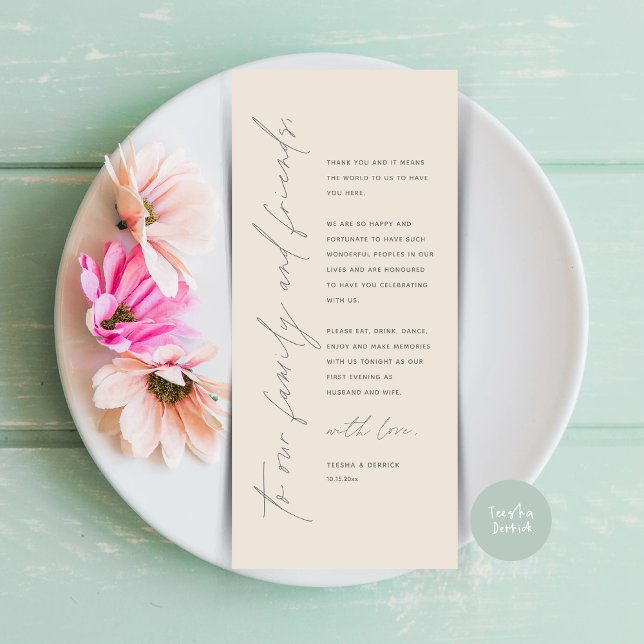 Tarjeta de agradecimiento por la configuración del (Minimalist Wedding Place Setting Thank You Dinner Card, in Classy Cream dark grey)