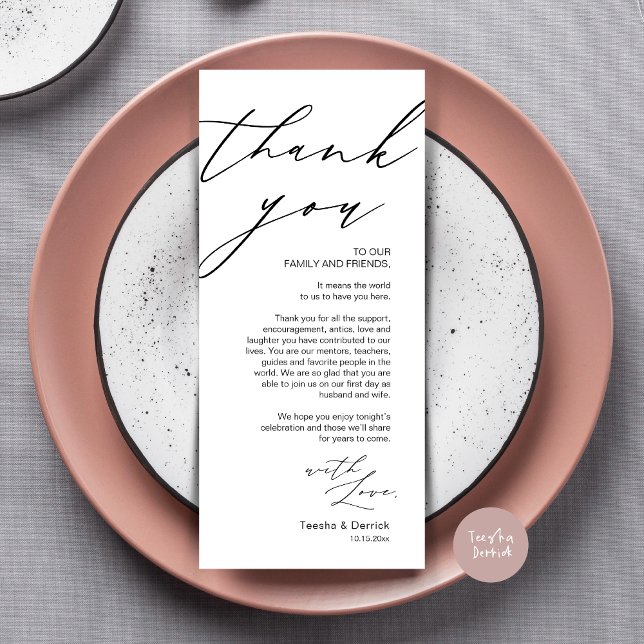 Tarjeta de agradecimiento por la configuración del (Wedding Place Setting Dinner Thank You Card, Modern Romantic Script, in Black and White)