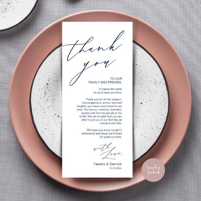 Tarjeta de agradecimiento por la configuración del (Wedding Place Setting Dinner Thank You Card, Modern Romantic Script, in Navy Blue)