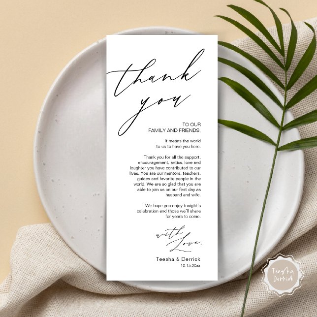 Tarjeta de agradecimiento por la configuración del (Wedding Place Setting Dinner Thank You Card, Modern Romantic Script, in Black and White)