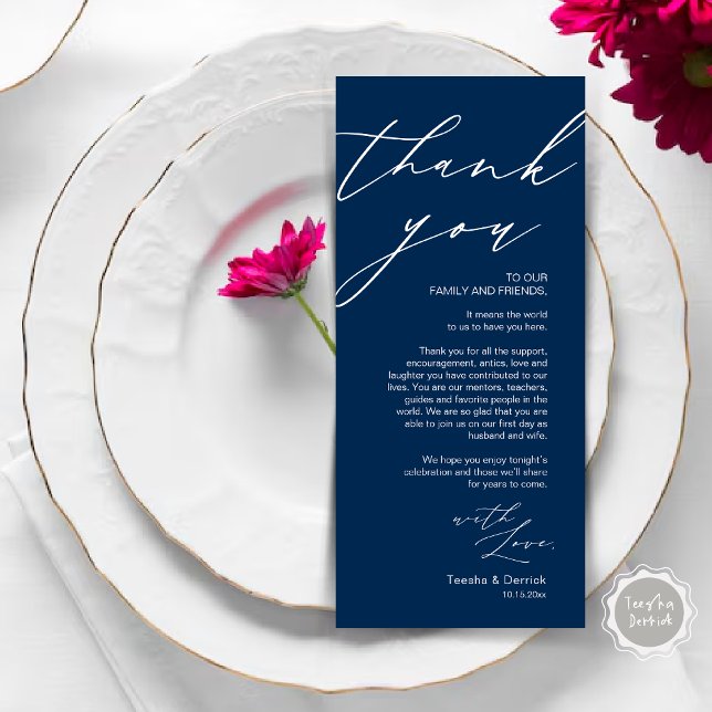 Tarjeta de agradecimiento por la configuración del (Wedding Place Setting Dinner Thank You Card, Modern Romantic Script, in Navy Blue)