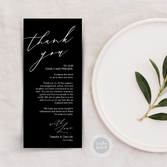 Tarjeta de agradecimiento por la configuración del (Wedding Place Setting Dinner Thank You Card, Modern Romantic Script, in Classy Black)