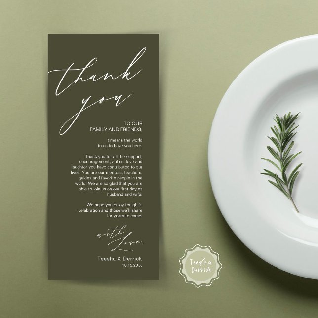 Tarjeta de agradecimiento por la configuración del (Wedding Place Setting Dinner Thank You Card, Modern Romantic Script, in Olive Green)