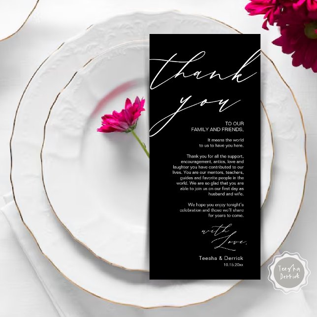 Tarjeta de agradecimiento por la configuración del (Wedding Place Setting Dinner Thank You Card, Modern Romantic Script, in Classy Black)