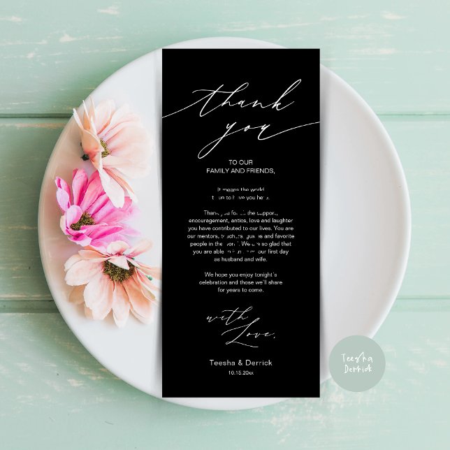 Tarjeta de agradecimiento por la configuración del (Minimalist Wedding Dinner Place Setting Thank You Card, plate decor in Black and White)