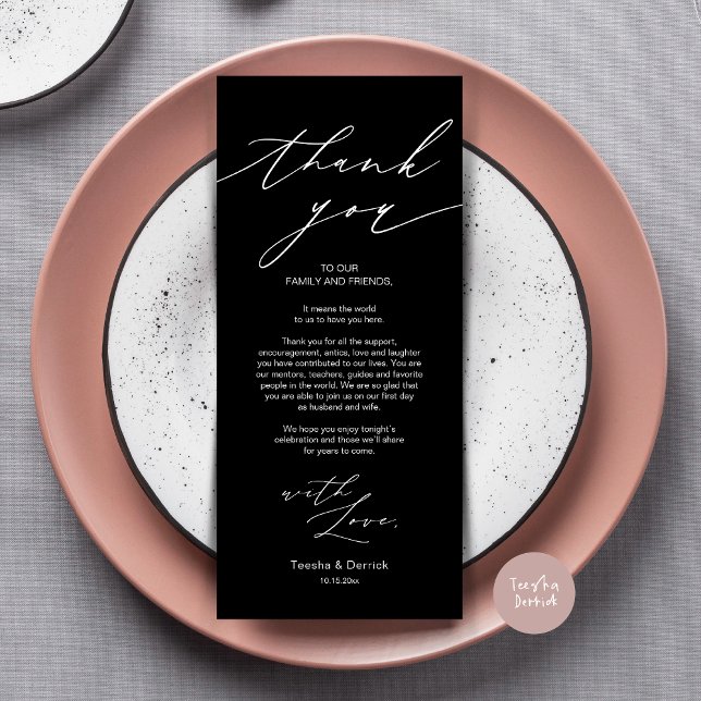 Tarjeta de agradecimiento por la configuración del (Wedding Dinner Place Setting Thank You Card, Modern Minimalist Design, in classy black)