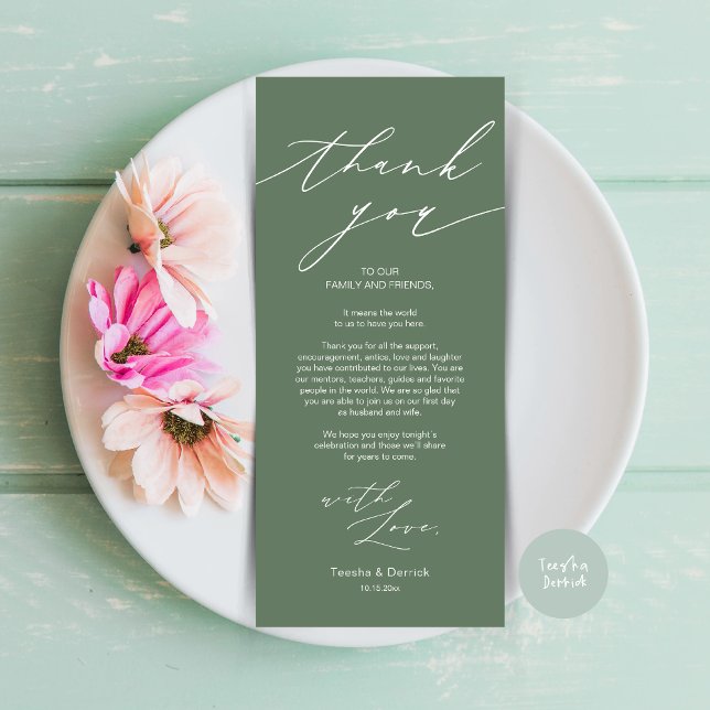 Tarjeta de agradecimiento por la configuración del (Wedding Dinner Place Setting Thank You Card, Modern Minimalist Design, in forest sage green)