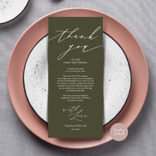 Tarjeta de agradecimiento por la configuración del (Wedding Dinner Place Setting Thank You Card, Modern Minimalist Design, in Olive Green)