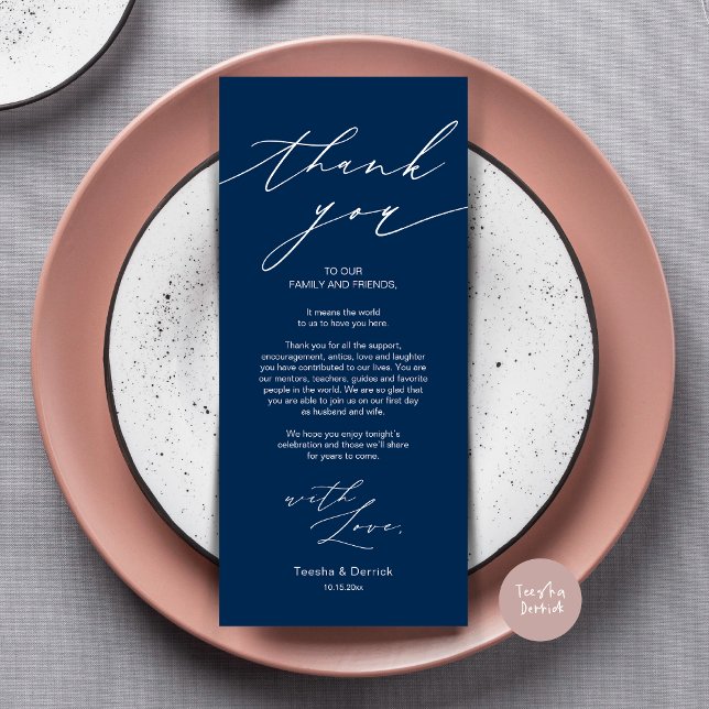Tarjeta de agradecimiento por la configuración del (Wedding Dinner Place Setting Thank You Card, Modern Minimalist Design, in navy blue)