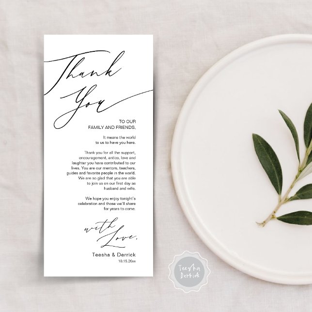 Tarjeta de agradecimiento por la configuración del (Wedding Dinner Place Setting Thank You Card, Modern Minimalist, in Black and White)