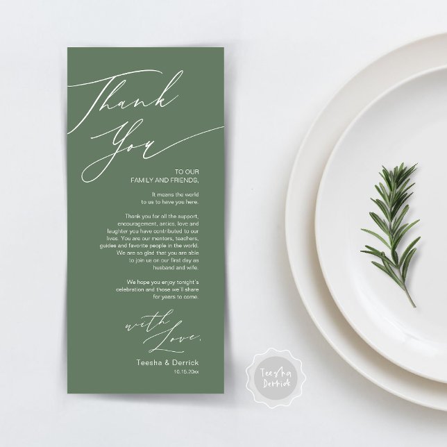Tarjeta de agradecimiento por la configuración del (Wedding Dinner Place Setting Thank You Card, Modern Minimalist, in Sage Green)