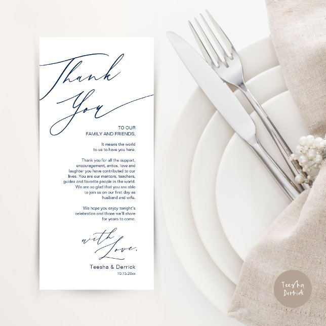 Tarjeta de agradecimiento por la configuración del (Wedding Dinner Place Setting Thank You Card, Modern Minimalist, in Navy Blue)