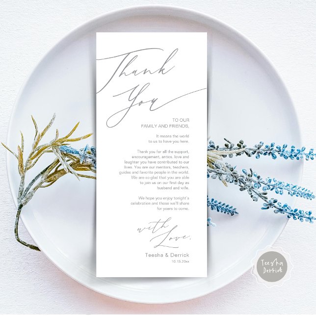 Tarjeta de agradecimiento por la configuración del (Wedding Dinner Place Setting Thank You Card, Modern Minimalist, in Grey)
