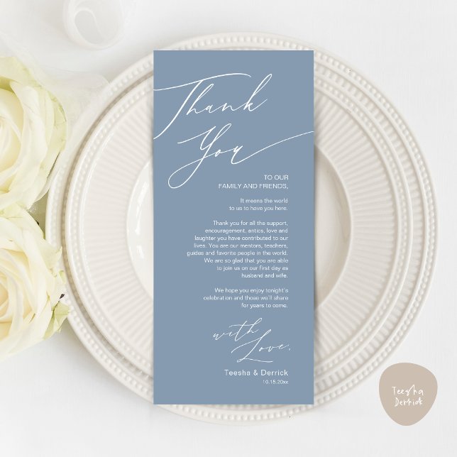 Tarjeta de agradecimiento por la configuración del (Wedding Dinner Place Setting Thank You Card, Modern Minimalist, in Dusty Blue)