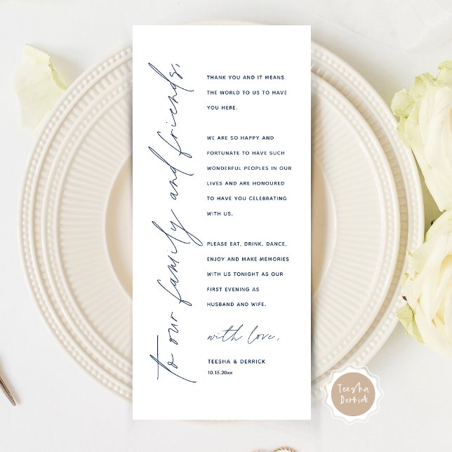 Tarjeta de agradecimiento por la configuración del (Modern Minimalist Wedding Place Setting Thank You Card for Your Wedding Dinner Party, Navy Blue)