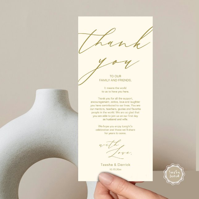 Tarjeta de agradecimiento por la configuración del (Wedding Dinner Place Setting Thank You Card, in Modern Minimalist Script, Classy Gold)