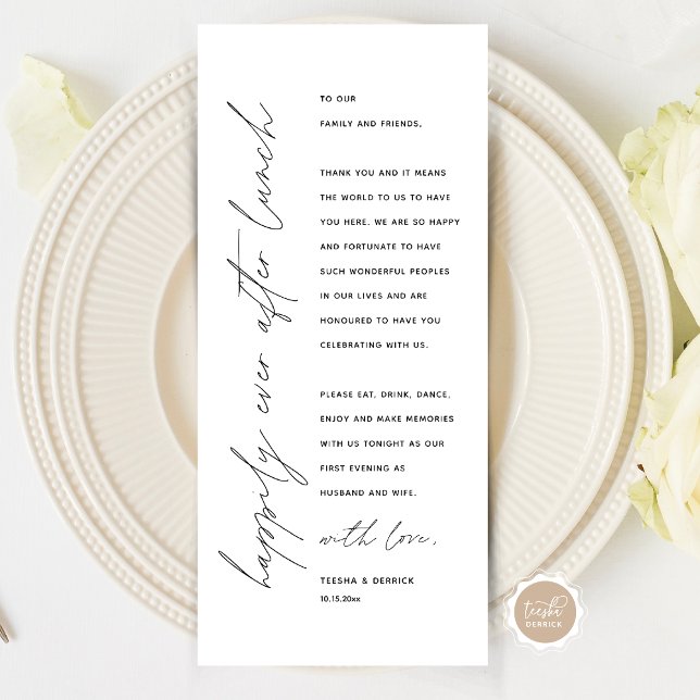 Tarjeta de agradecimiento por la configuración del (Wedding Happily Ever After Lunch Place Setting Thank You Card, in Modern Minimalist Script Themed)