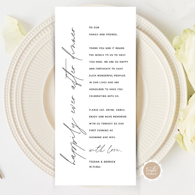 Tarjeta de agradecimiento por la configuración del (Wedding Happily Ever After Dinner Place Setting Thank You Card, in Modern Minimalist Script Themed)