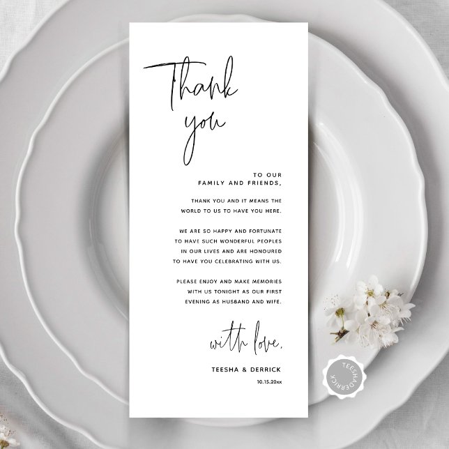 Tarjeta de agradecimiento por la configuración del (Modern Minimalist Wedding Place Setting Thank You Card, Dinner Place Decor, Online Editable)