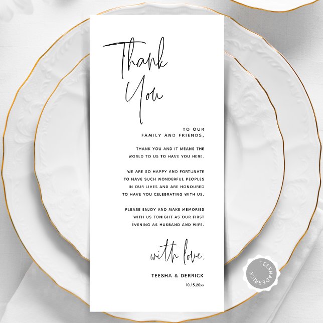Tarjeta de agradecimiento por la configuración del (Modern Minimalist Wedding Place Setting Thank You Card, Online Editable, Dinner Place Decor)
