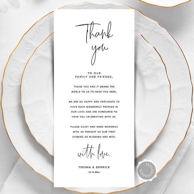 Tarjeta de agradecimiento por la configuración del (Modern Minimalist Wedding Place Setting Thank You Card, Dinner place decor, Napkin notes, editable)