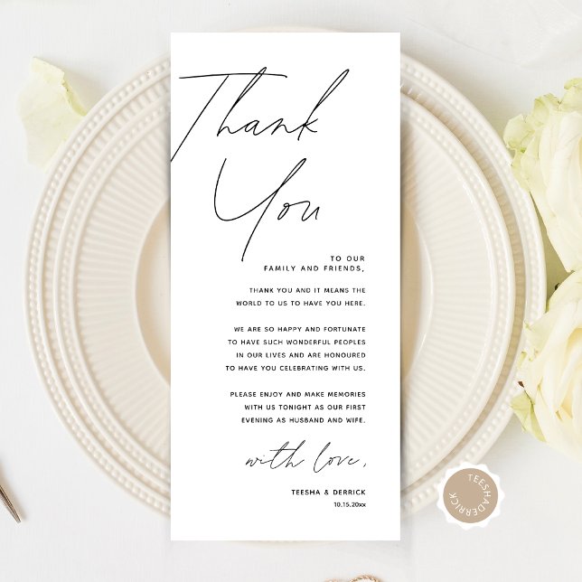 Tarjeta de agradecimiento por la configuración del (Modern Minimalist Wedding Place Setting Thank You Card, Dinner Plate Decor, Online Editable)