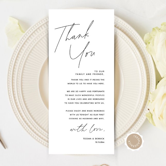 Tarjeta de agradecimiento por la configuración del (Modern Minimalist Wedding Place Setting Thank You Card, Dinner Plate Decor, Online Editable)