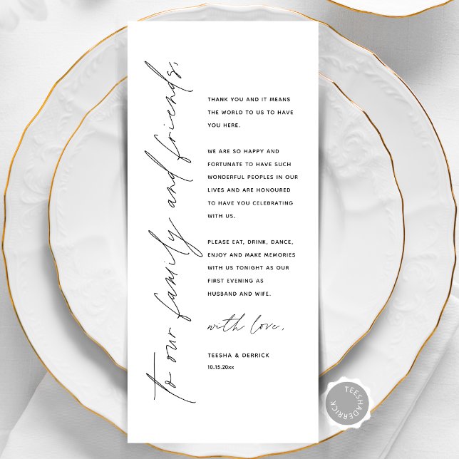 Tarjeta de agradecimiento por la configuración del (Modern Minimalist Wedding Place Setting Thank You Card, Family and Friends, Online Editable)