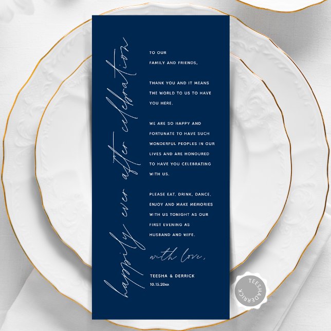 Tarjeta de agradecimiento por la configuración del (Happily Ever After, Wedding Place Setting Thank You Card, Elopement Dinner Celebration, Navy Blue)