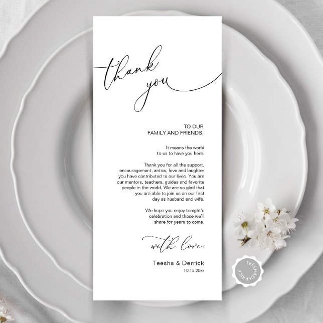 Tarjeta de agradecimiento por la configuración del (Modern Minimalist Wedding Place Setting Thank You Card, Dinner, Brunch, Party Celebration)