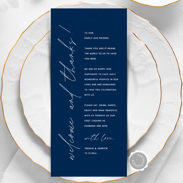 Tarjeta de agradecimiento por la configuración del (Welcome and Thanks, Wedding Place Setting Thank You Card, Elopement Dinner Dancing, Navy Blue)